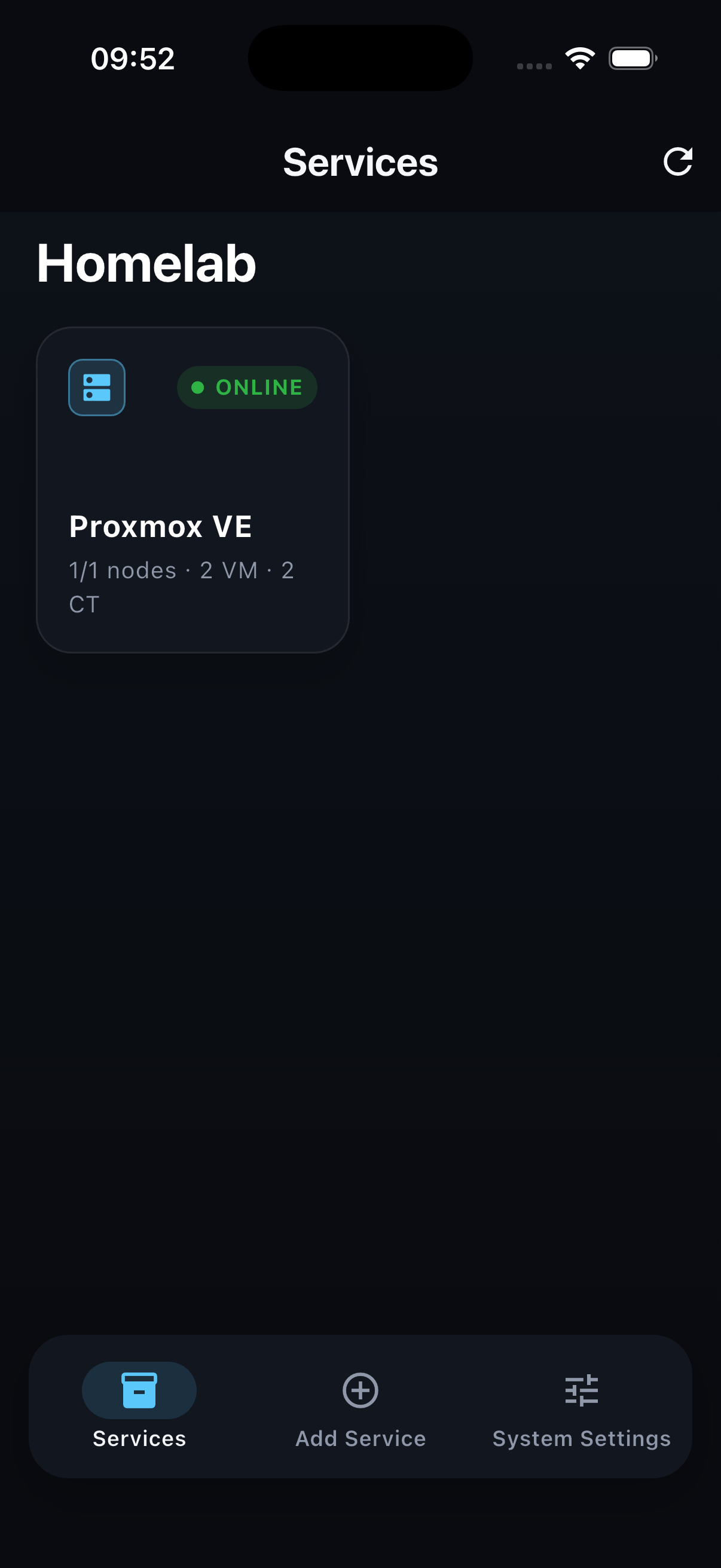 PVE Client services screen showing Proxmox VE online